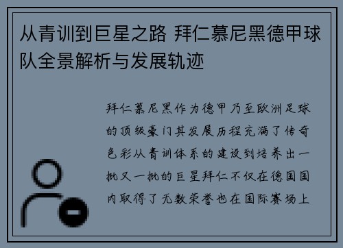 从青训到巨星之路 拜仁慕尼黑德甲球队全景解析与发展轨迹